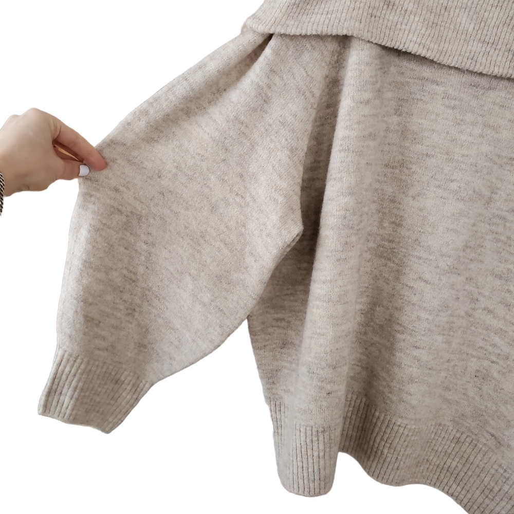 H&M off the shoulder knit sweater wool blend beige oatmeal balloon sleeve large - Picture 3 of 7
